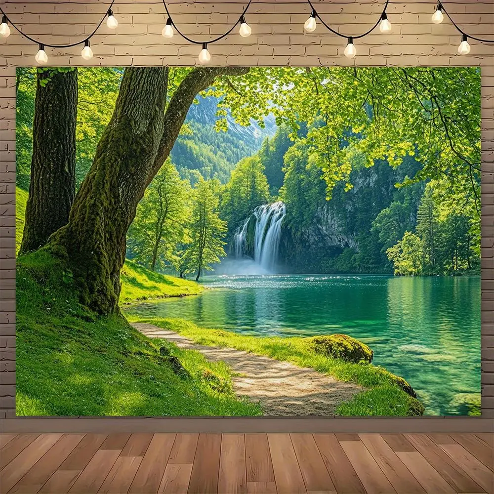 1pc Polyester 2D Flat Patterned Tapestry Throw, Spring Green Forest Waterfall Nature Backdrop, Universal No-Electricity Holiday Decor, Ideal for Entryway, Room