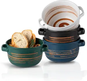 Onion Soup Bowls with Handles, Ceramic Soup Serving Bowl Crocks 32 Ounces for Cereal,Ramen,Chilli, Beef Stew, Pot Pies, Oven Safe, Set of 4