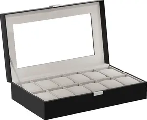 Watch Box Organizer, 12 Slot Watch Display Case With Glass Lid, Watch Storage Holder Mens Watch Case, Anniversary Birthday Valentine Gifts for Men Women -12 Slot, Black