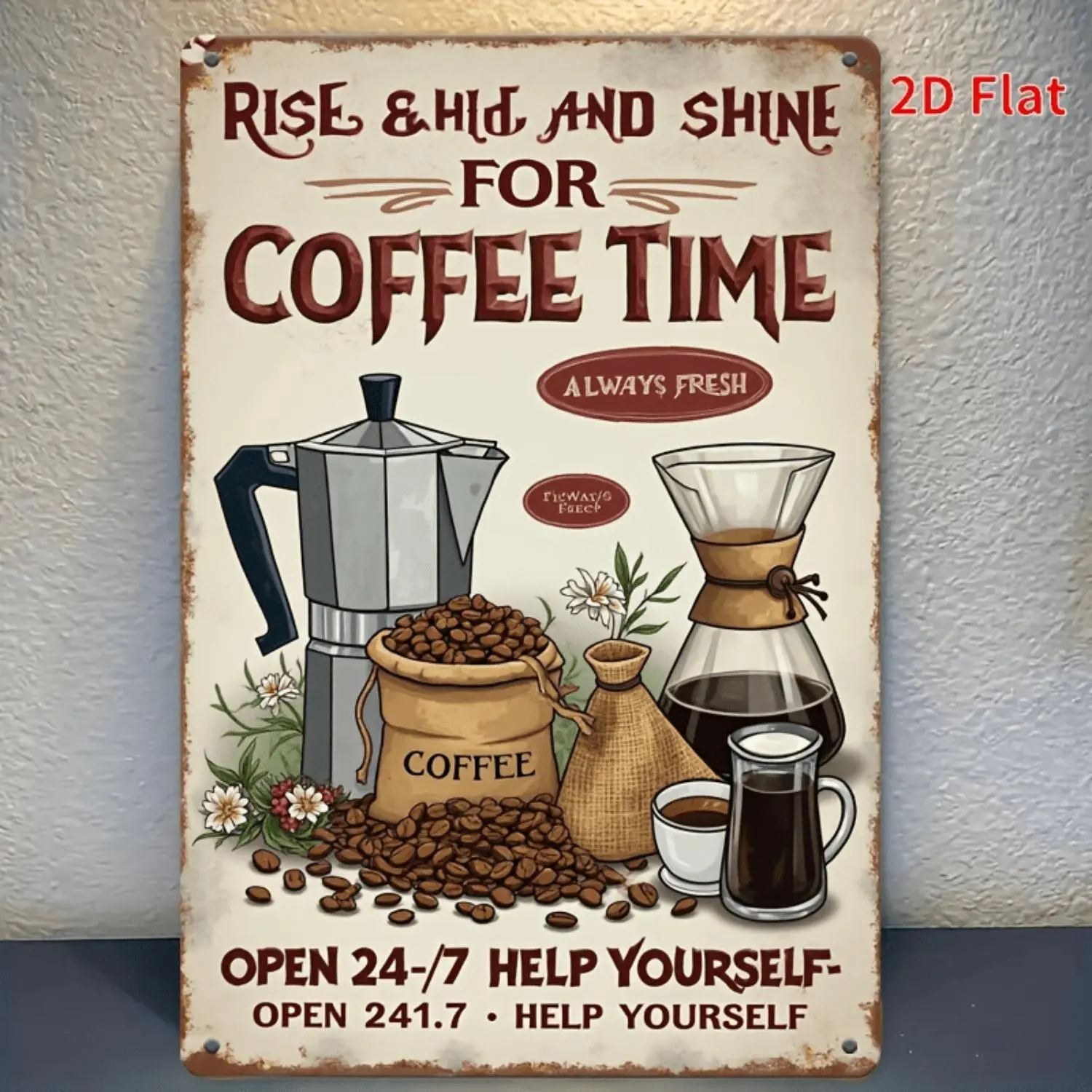 2D Flat, Vintage Coffee Bar Decor - Rustic Metal Tin Sign with "Rise & Shine for Coffee Time" Design, 8x12 Inch Wall Art for Kitchen, Cafe, or Coffee Station, Perfect Gift for Coffee Lovers, Coffee Bar Accessories, 2D Flat, Perfec
