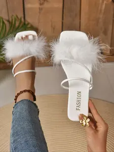 Women's Fashionable Solid Color Fluffy Slides, Casual Comfortable Flat Slippers for Summer, Lightweight Breathable Shoes for Daily Wear