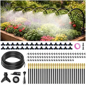 100FT Drip Irrigation System Kit Dual-Zone Garden Atomizing Watering System with 30 Copper 360? Adjustable Bendable Nozzles,Y-Splitter, Leak-Proof 1/4" Misting System for Garden Greenhouse Raised Beds