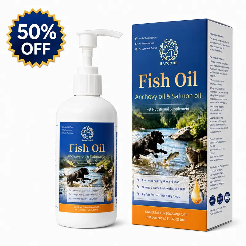 BAYCOME Canine Nutritional Supplement Fish Oil for Dogs & Cats, Anchovy & Salmon-Sourced Nutrients, Skin & Coat/Heart & Joint Support, Easy Pump for Wet/Dry Food, 1 Bottle 8.5 fl oz (251ml)/Bottle, Daily Canine Wellness, 24 Months Shelf Life