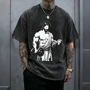 Buff Jesus Lifting Weights Graphic Print Washed Oversized T-Shirt | Funny Christian Gym Graphic Tee Christian Gym Gift Fitness Lover Gift