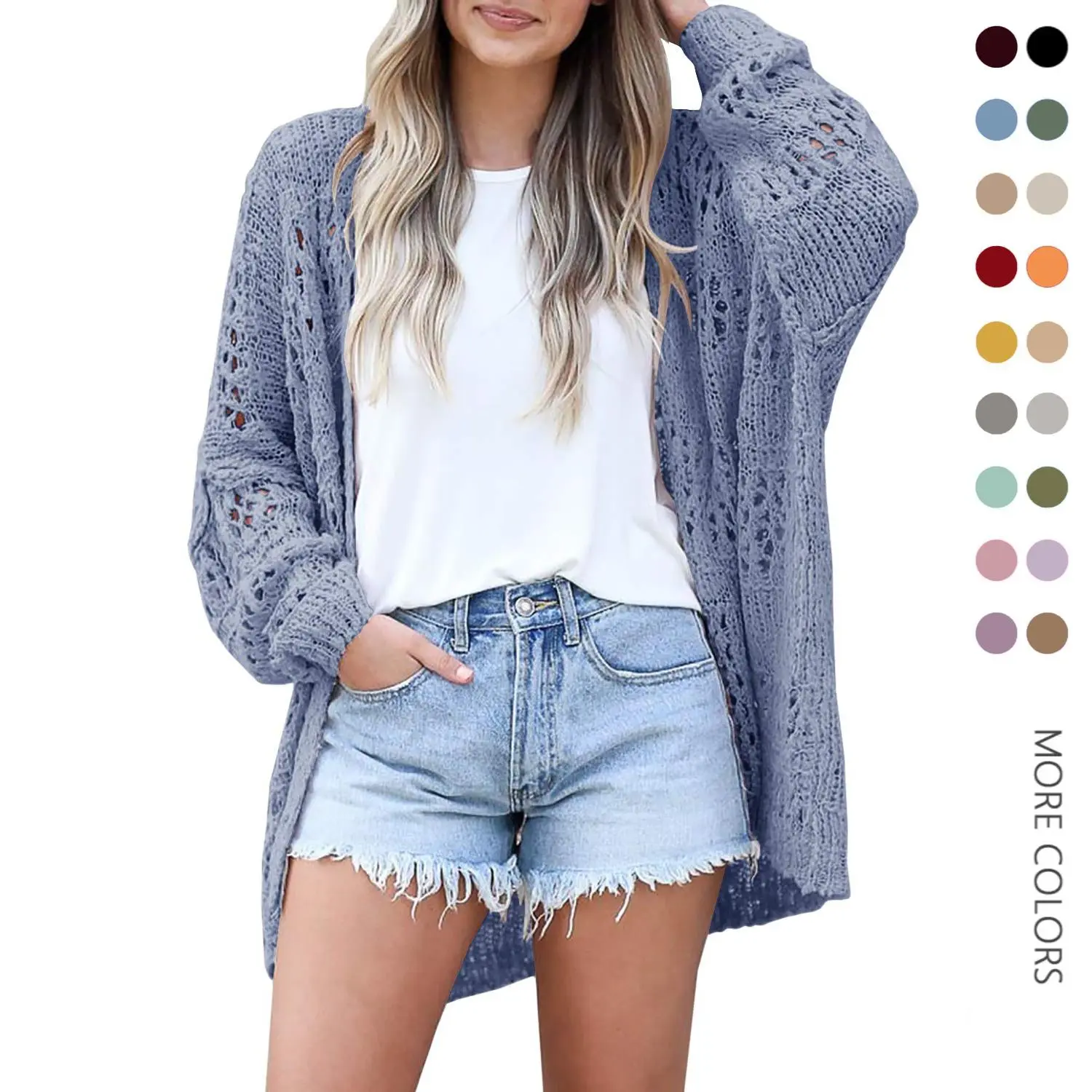 Danedvi Women's Plus Size (XS-3XL) Crochet Knit Cardigan Tops - Boho Style, Batwing Sleeves, Lightweight Solid Open-Front Long Sleeve Breathable Summer Tee-Inspired Outwear