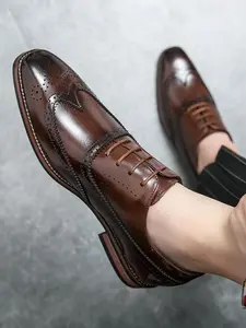 Men's Business Formal Brogue Decor Lace Up Dress Shoes, Fashionable, Brown, Fashionable Comfortable Breathable Shoes for Work Office, Male All-match Shoes for Daily Wear