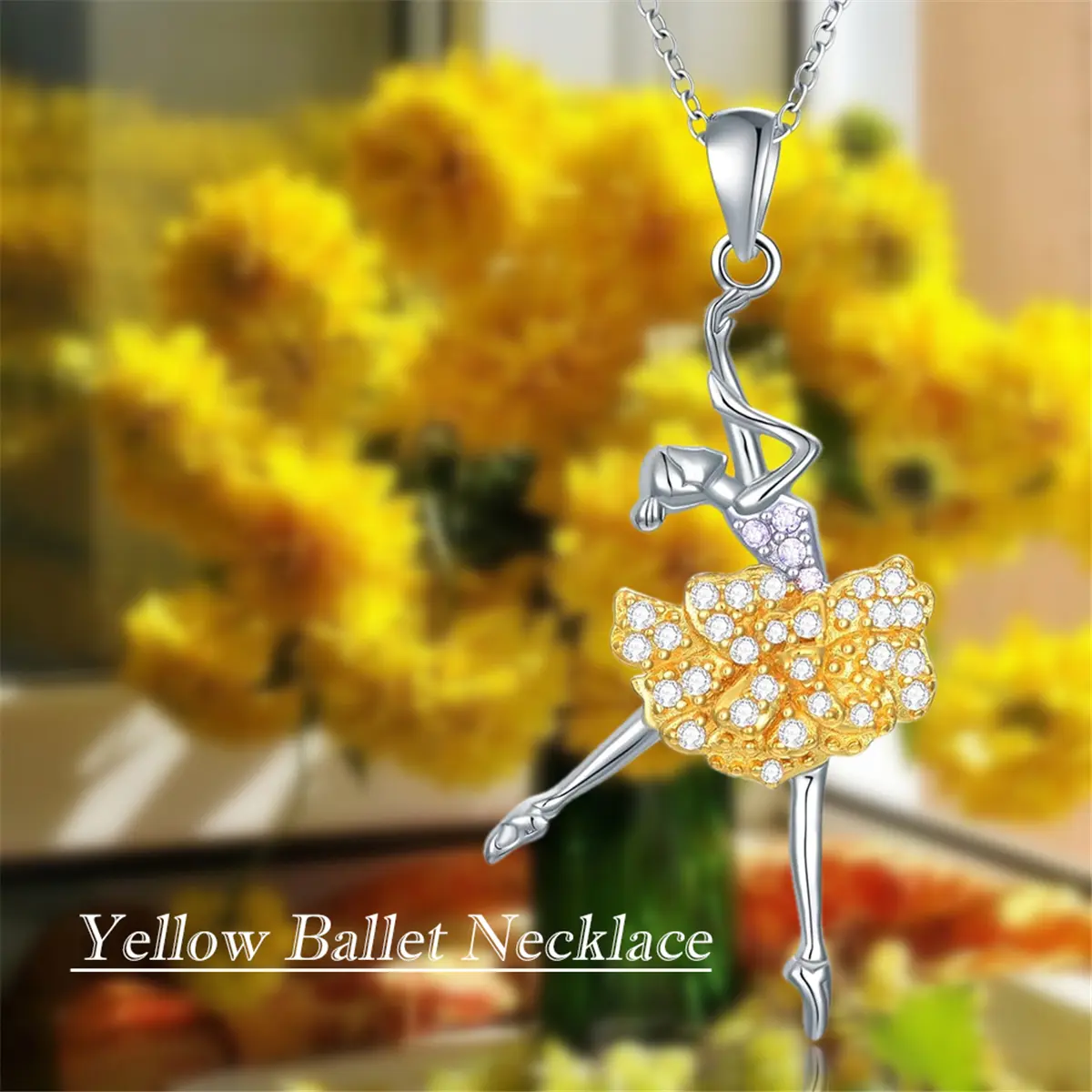 Elegant Shiny Zirconia Yellow Ballet Dancer Alloy Pendant Necklace - Delicate Sparkling Jewelry Gift for Dance Enthusiasts, Girls, and Ballet Students - Dainty Chain Accessory for Women