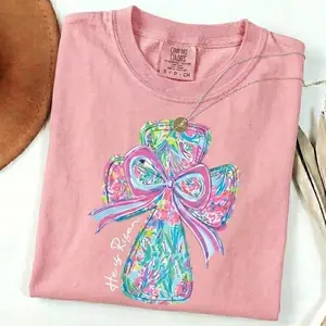 Comfort Color Bright Floral Coquette Glitter Stitch Cross T Shirt, christian TShirt, He Is Risen Easter T-Shirt Cotton Womenswear Top Fabric Soft