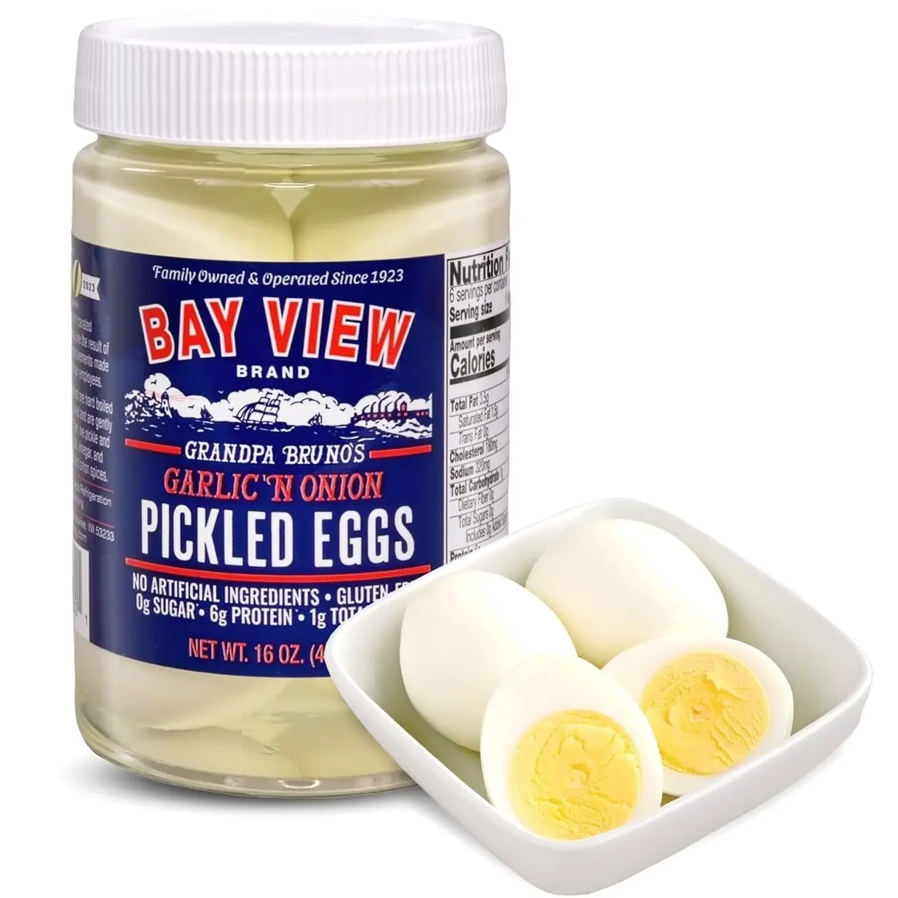 Bay View Pickled Eggs, No Artificial Ingredients, Gluten Free, 0g Sugar, 6g Protein, Fresh Grade A Eggs, Boiled and Peeled (16oz, Garlic 'N Onion)