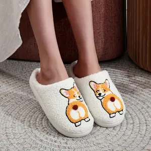 Corgi-Themed Plush Slippers for Pets, Indoor Winter Footwear for Men and Women, Cartoon Pattern, Washable Fabric with TPR Sole - Perfect Gift for Dog Moms