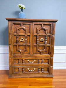 Vintage Spanish Revival Highboy Dresser in Solid Oak - 1970 Thomasville