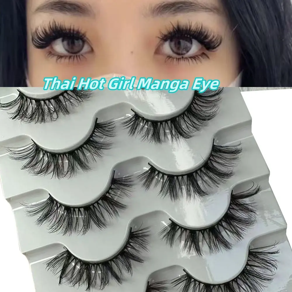 Five pairs of black striped stem fake eyelashes Thai spicy girl manga eyes 3D clustered front short back long rolled up eyelashes novice Fluffy Eyelashes Cluster