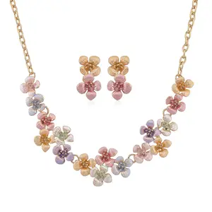 Multi Color Enameled Light Cherry Blossom Necklace 20.5-22.5 Inches and Earrings in Goldtone
