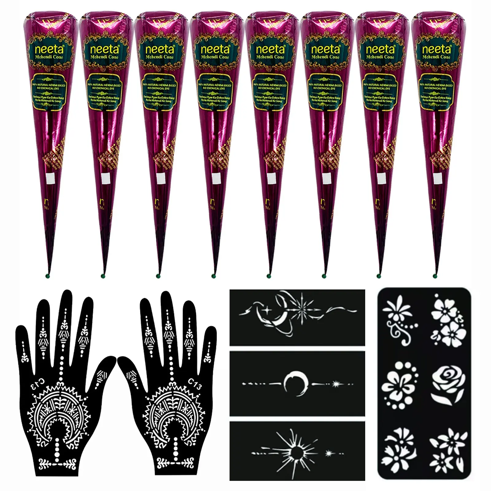 Neeta Natural Henna Cones Kit with Stencils, Plant-Based Mehendi Paste, Chemical Free Temporary Tattoo DIY Body Art Set for Women & Girls - Multiple Pack Options
