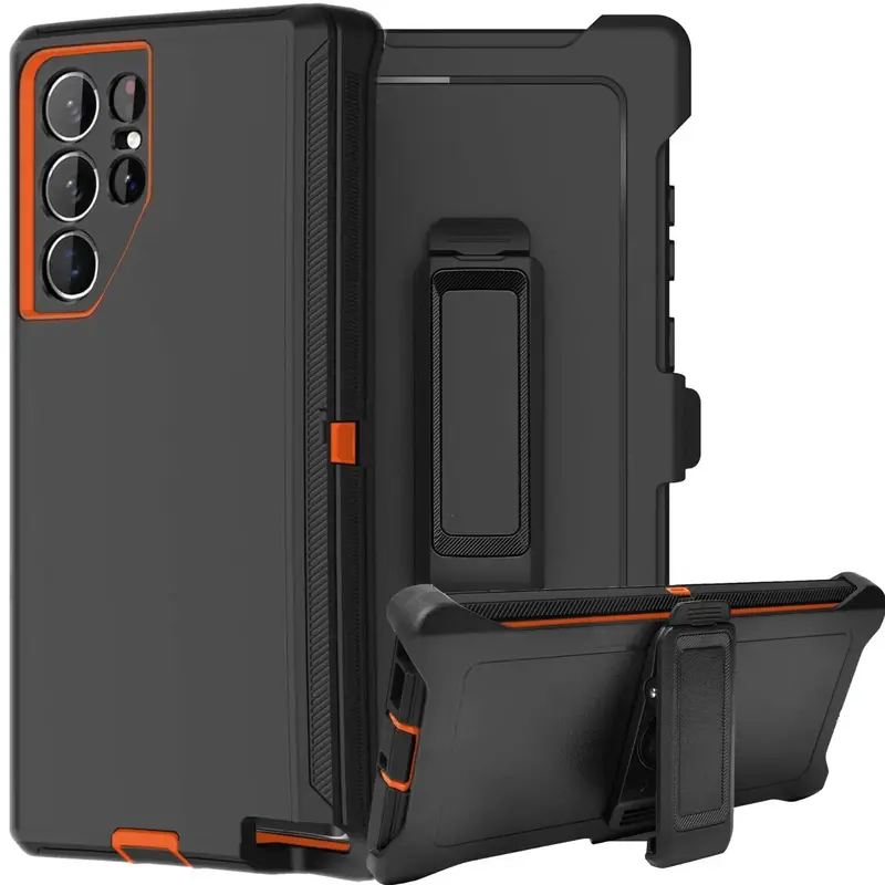 Black Orange Rugged Defender Case For Samsung Galaxy S26 / S25 / S24 / Plus / Ultra / Shockproof Heavyduty Protection cover With Belt Clip Phonecase  Protective Casing