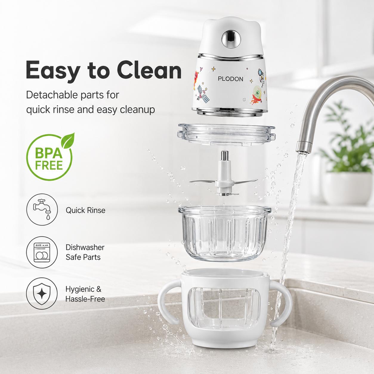 PLODON 10oz Baby Food Maker - Glass Bowl Easy to Use Food Processor with 316 Stainless Steel Blades, 1-Touch Puree Blender for Fruits, Vegetables, BPA-Free Small Batch Meal Prep Tool, Easy To Use Food Processors