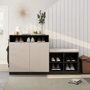U_Style Livingroom Cabinet with Shoe Bench, 2 Doors and 3-Tier Adjustable Shelves, Entryway Bench with 4 Open Shoe Racks and Removeble Cushion, Storage Console Table with Wavy Slatted Door and Hooks