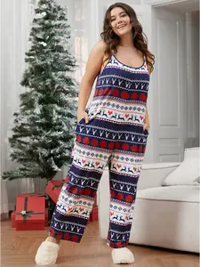 BLOOMCHIC Plus Size Elk Snowflake Print Pocket Pajama Jumpsuit Overalls - Spandex Fabric Clothes with Sleeves, Strap Detail, Fit Sizes , [M-6X]2026 Summer Vibes