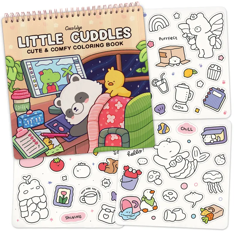 Coco Wyo Little Cuddles Coloring Book & Sticker Set - Spiral Bound, 8.5x8.5 in, Couch-Ready Pages, Flat-Lay Ease, Cozy Animal Designs, Art Therapy, Stress Relief, Adult Office Art Supplies, Animal Lover Gifts