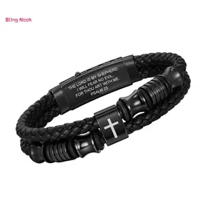Men's Leather Cross Bracelet Black Round Rope Woven Adjustable Stretch Buckle Bracelet Cross Double Row Leather Bracelet