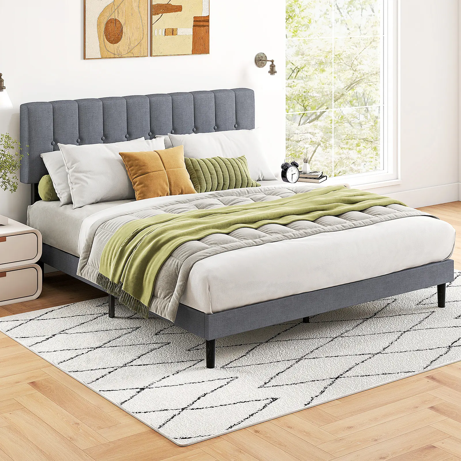 Full Size Contemporary Upholstered Bed Frame with Adjustable Headboard, 800LBS Sturdy Wooden Slat Support, No Box Spring Needed, Noise-Free, Easy Assembly for Apartment Indoor Furniture