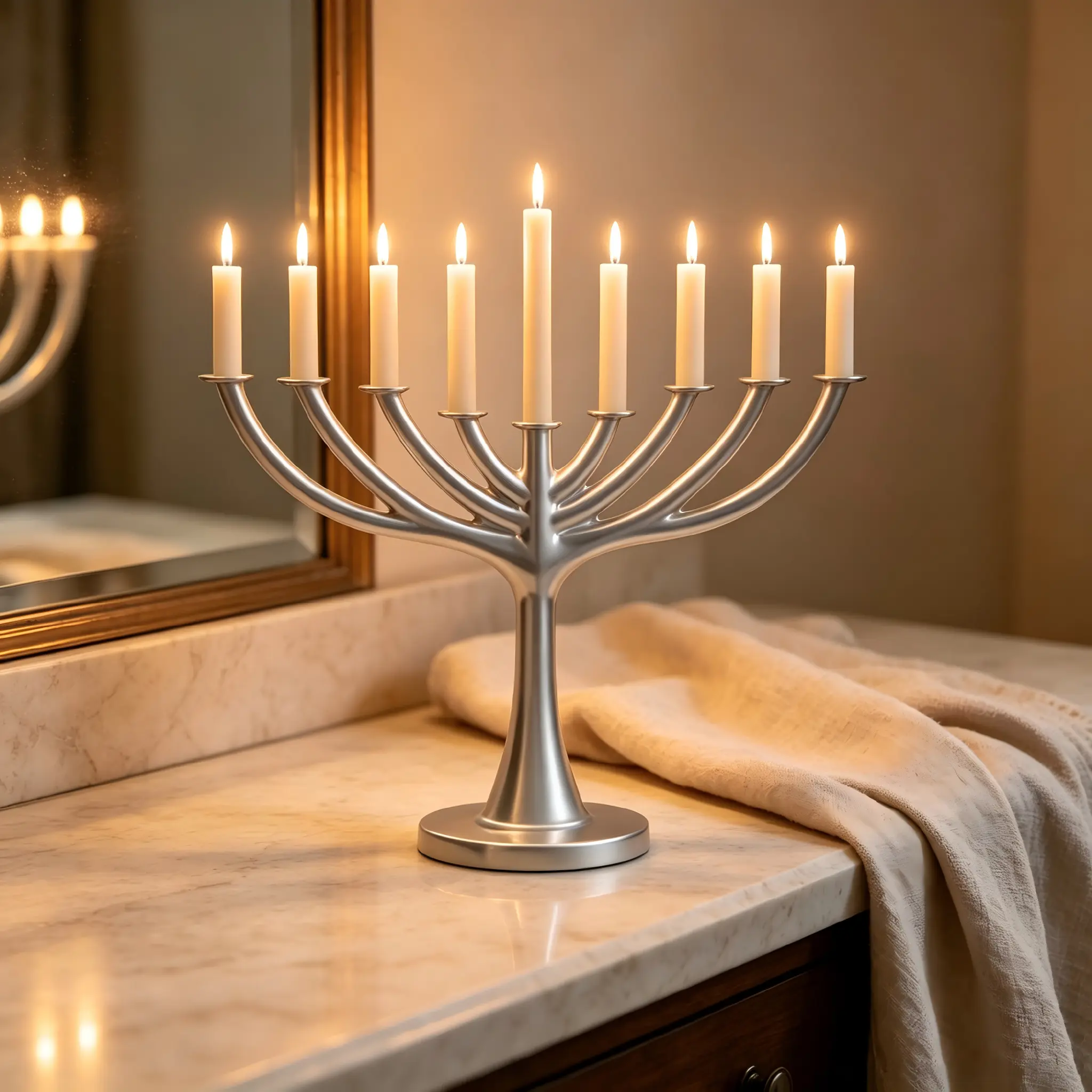 Minimalist Polished Silver 9-Branch Hanukkah Menorah - Traditional Jewish Festival Candelabra Candle Holder for Home Festive Decorations