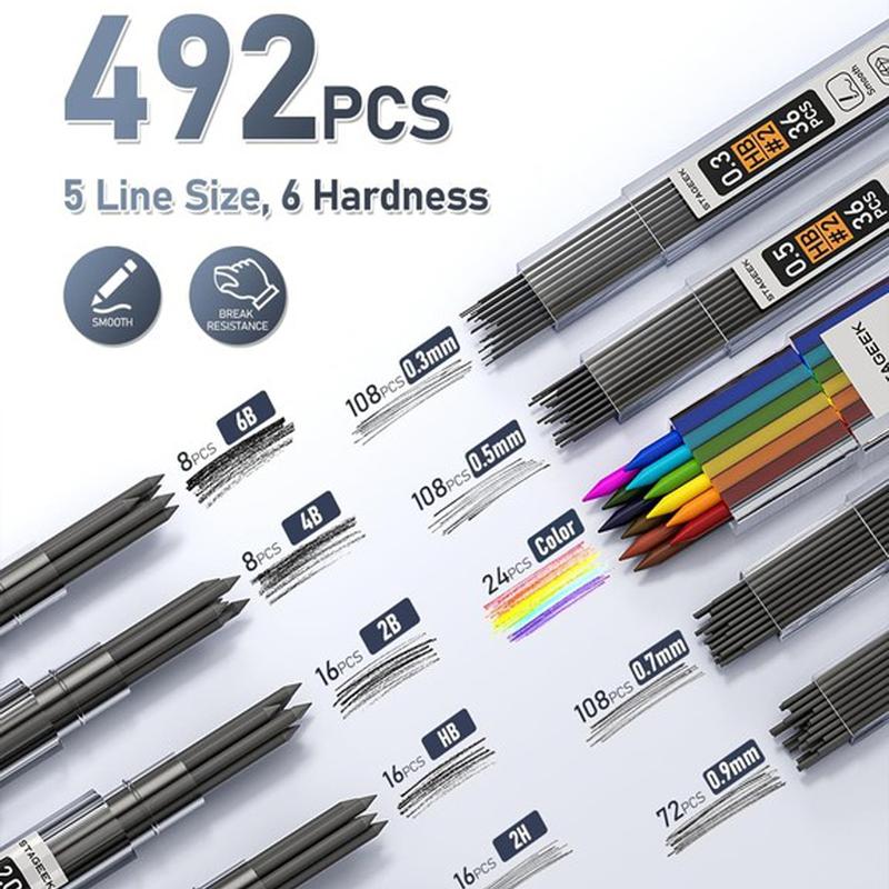 STAGEEK 37PCS Art Mechanical Pencil Set, Drafting Pencil 5 Sizes- 0.3, 0.5, 0.7, 0.9MM & 2PCS 2.0MM Mechanical Drawing Pencils with 492PCS Leads (6B 4B 2B HB 2H 4H Color) for Artist Sketching Drawing&Ballpoint Pen for Student Stationary College Essentials