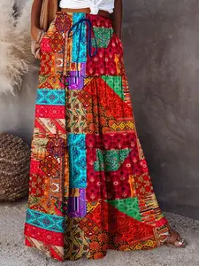Boho Patchwork Print Cake Dress High Waist Drawstring Pockets Vacation Style Maxi Long Skirt, Women's Casual Summer Fashion Bohemian Womenswear Bottoms
