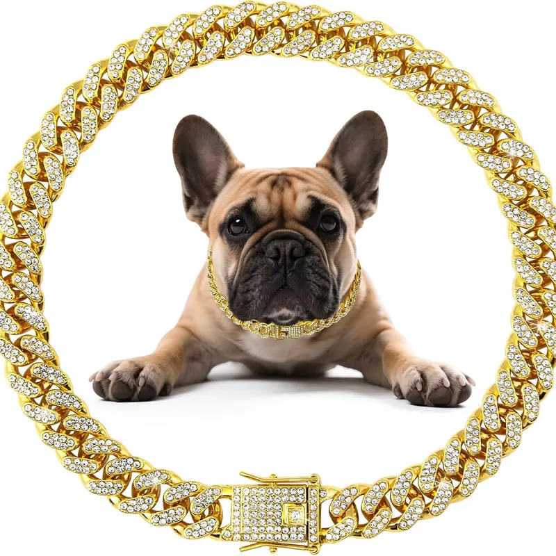 Dog Chain Diamond Collar Walking Metal Chain Necklace with Secure Buckle Pet Cuban Style Collar Jewelry Accessories for Small Medium Large Dog Cats