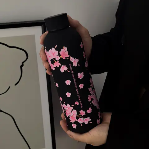 500ml Insulated Cherry Blossom Tumbler, 304 Stainless Steel Coffee Tumbler with Romantic English Lettering, Aesthetic Travel Bottle, Ideal Birthday Gift, Drinkware, Thermal Tumbler