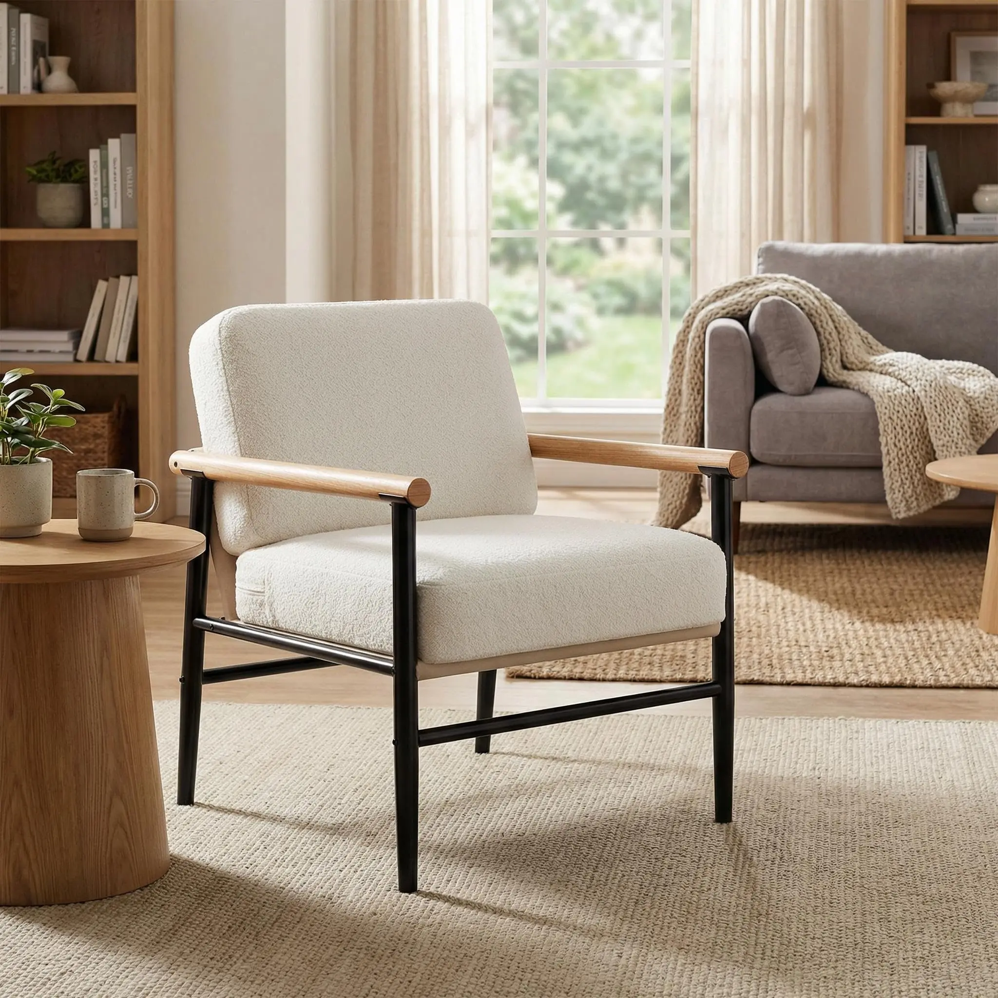 Garvee Modern Beige Accent Chair with Thick Sherpa Cushion and Iron Frame, Comfortable Armchair for Living Room, Bedroom, Office, Dorm, or Waiting Room, Available in Single or 2-Pack
