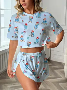 Women's 2-Piece Sleepwear Set, British Bear Print, Casual Loose Fit Round Neck Short Sleeve Top and Above Knee Shorts, Summer Clothing
