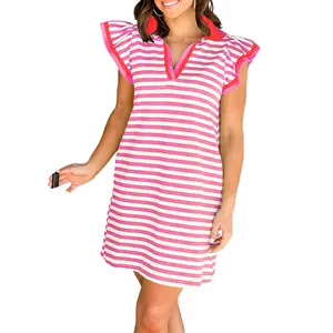 Znacicc Women's Casual Chic Striped Mini Dress with Contrast Trim Collar & Flutter Sleeves Summer Vacation Brunch Weekend Wear