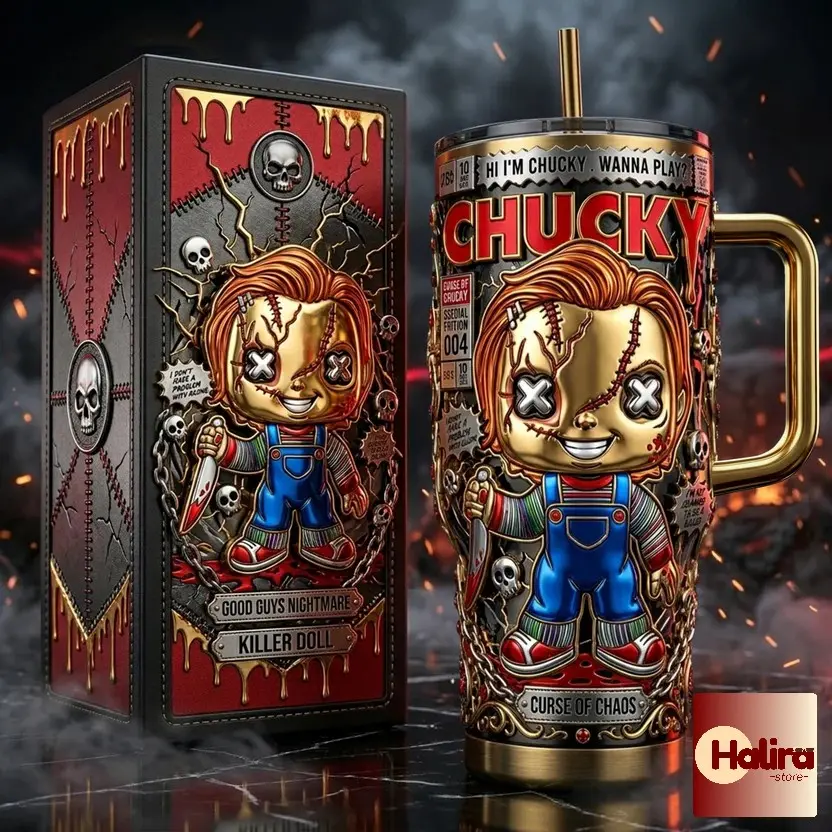 Chucky Killer Doll 40oz Tumbler With Handle, Premium Vacuum Insulated Stainless Steel Travel Mug, Horror Movie Collector's Edition Gift for Chucky Fans