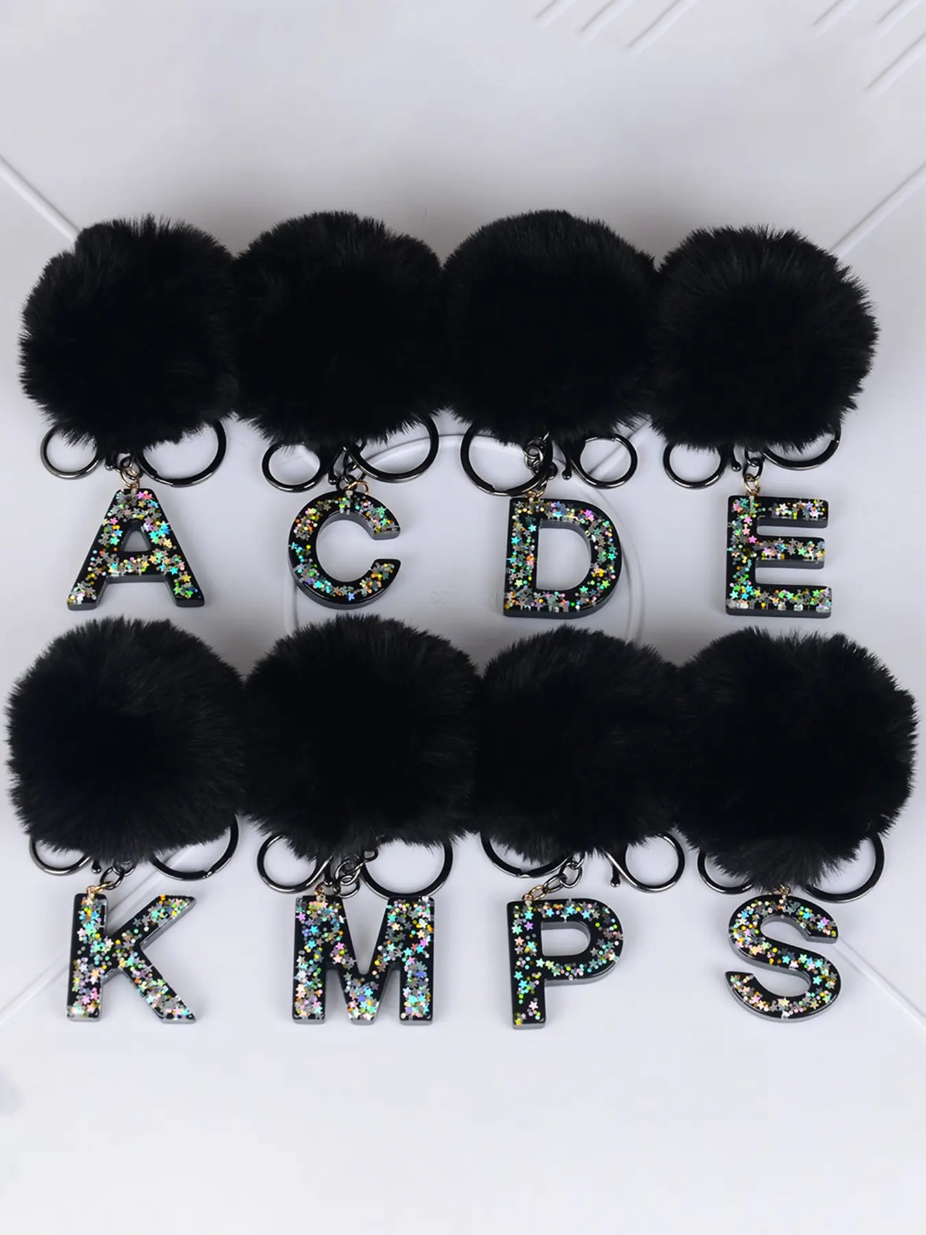 Chic Furry Pompoms Initial Sequin Letter Keychain, Soft Pompom Keychain, Keychain for Bags, Stylish Keychain, Stylish Keyring, Fashion Keychain, Perfect Gift, Durable with Easy-Clip Lobster Clasp, Adds Sparkle to Bags & Car Interiors
