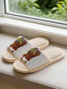 African Queen Headwrap Print Linen Slippers, Vibrant Cultural Breathable Non-slip Lightweight All Season House Shoes for Women Men Family Guest Daily Wear