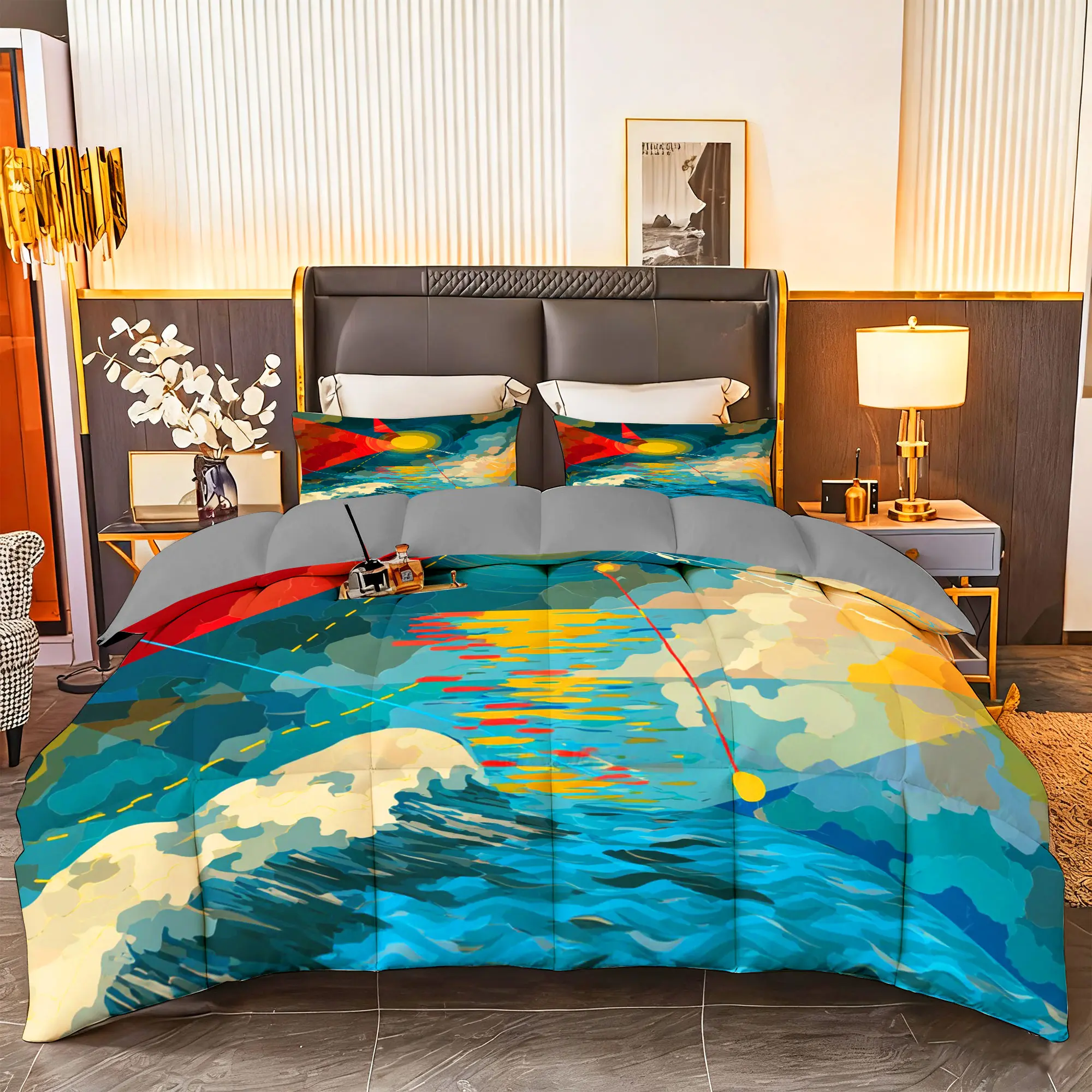 3pcs (1 comforter + 2 pillowcases) Microfiber Bedding Set All-Season Soft Cozy, Hypoallergenic & Breathable, Wrinkle-Resistant & Easy-Care, Queen/King/Full/Twin Size, Abstract Artistic Ocean Sunset Pattern, Premium Durable Fabric for Bedroom Guest Ro