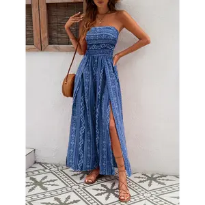 [Elegant Floral Jumpsuit] Elegant Strapless Floral Print Tube Jumpsuit - Split Wide Leg, Women's Spring & Summer Clothing
