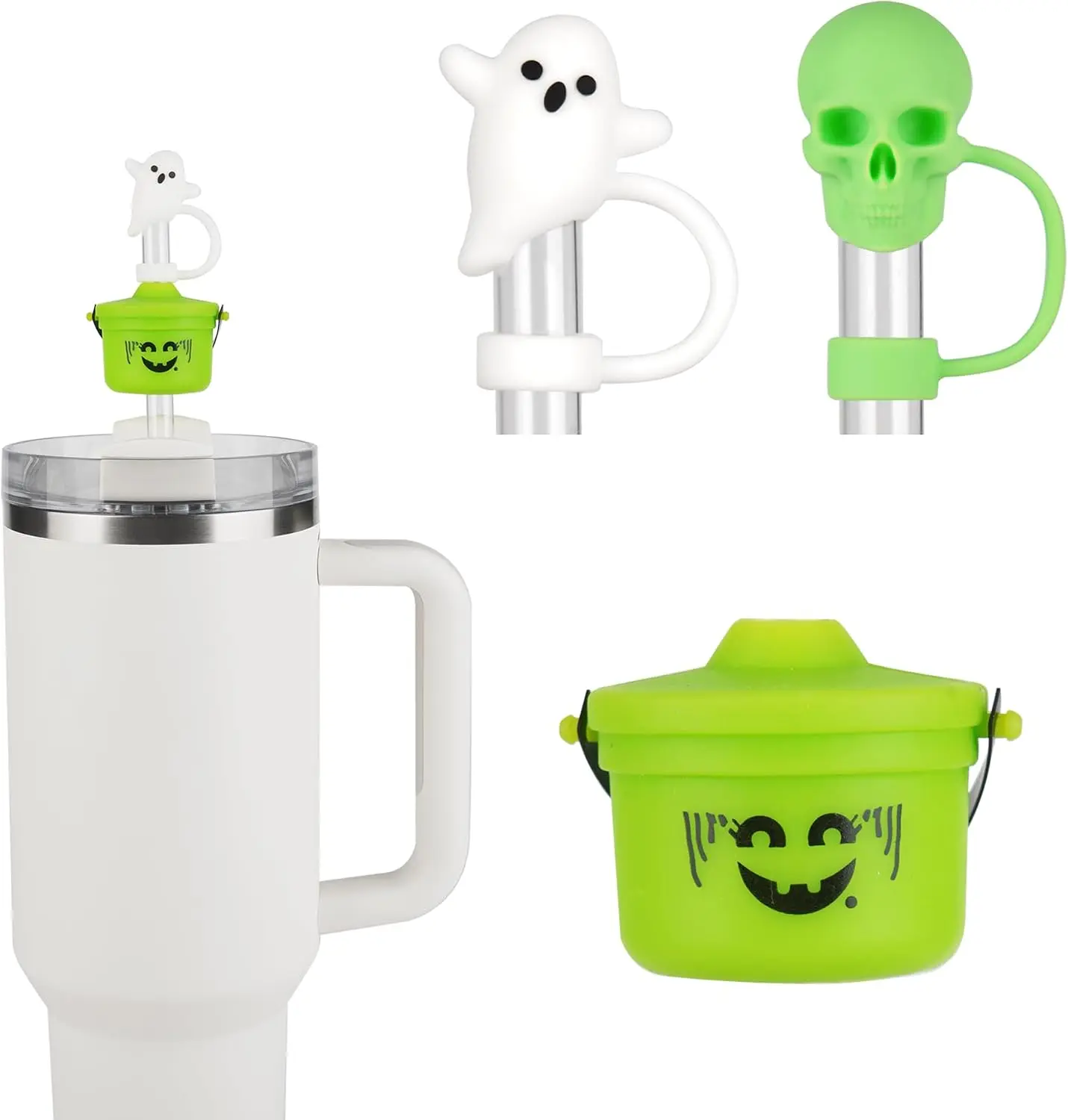 Funny Halloween Buckets Straw Covers for Stanley Cup - Cute Ghost Skull Toppers Compatible With 30&40 OZ 10mm Straw, Halloween Covers Cap for Tumble Cups