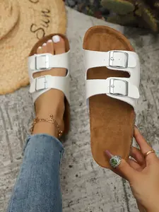 2026 Summer New Dual Buckle Cork Sandals, Women's Plain PU Leather Flat Open-Toe Slippers, Casual Rubber Sole Shoes for Daily Wear