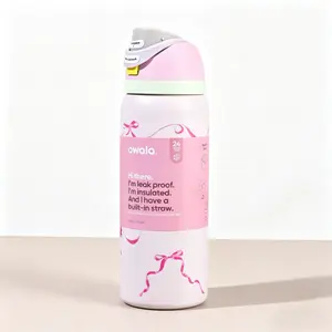 Owala 32oz  Pink Ribbon Stainless Steel Thermos Cup - Dual Drinking Holes Design, Choose Between Sipping Tube or Direct Drinking! One-click to pop open + hidden handle. Suitable for commuting, office use, and outdoor activities.