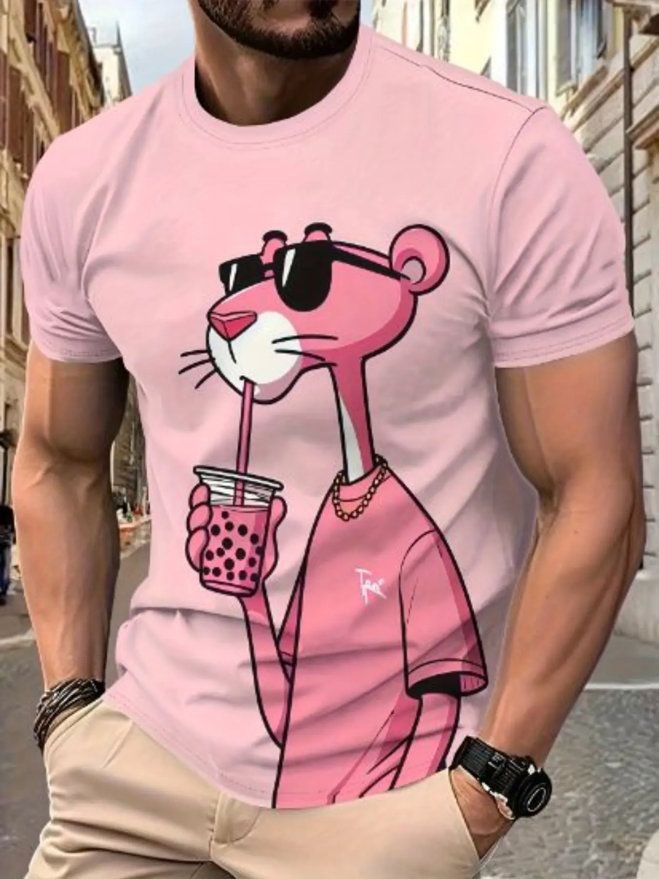 Men's Short Sleeve T-Shirt Streetwear Casual Fitted with Fun Cartoon Panther Geometric Graphic Print, Breathable Fabric and Stretchy Crew Neck Round Neck Design for All Seasons, Ideal for Sports Travel Outdoor Activities and Everyday Wear, Menswear