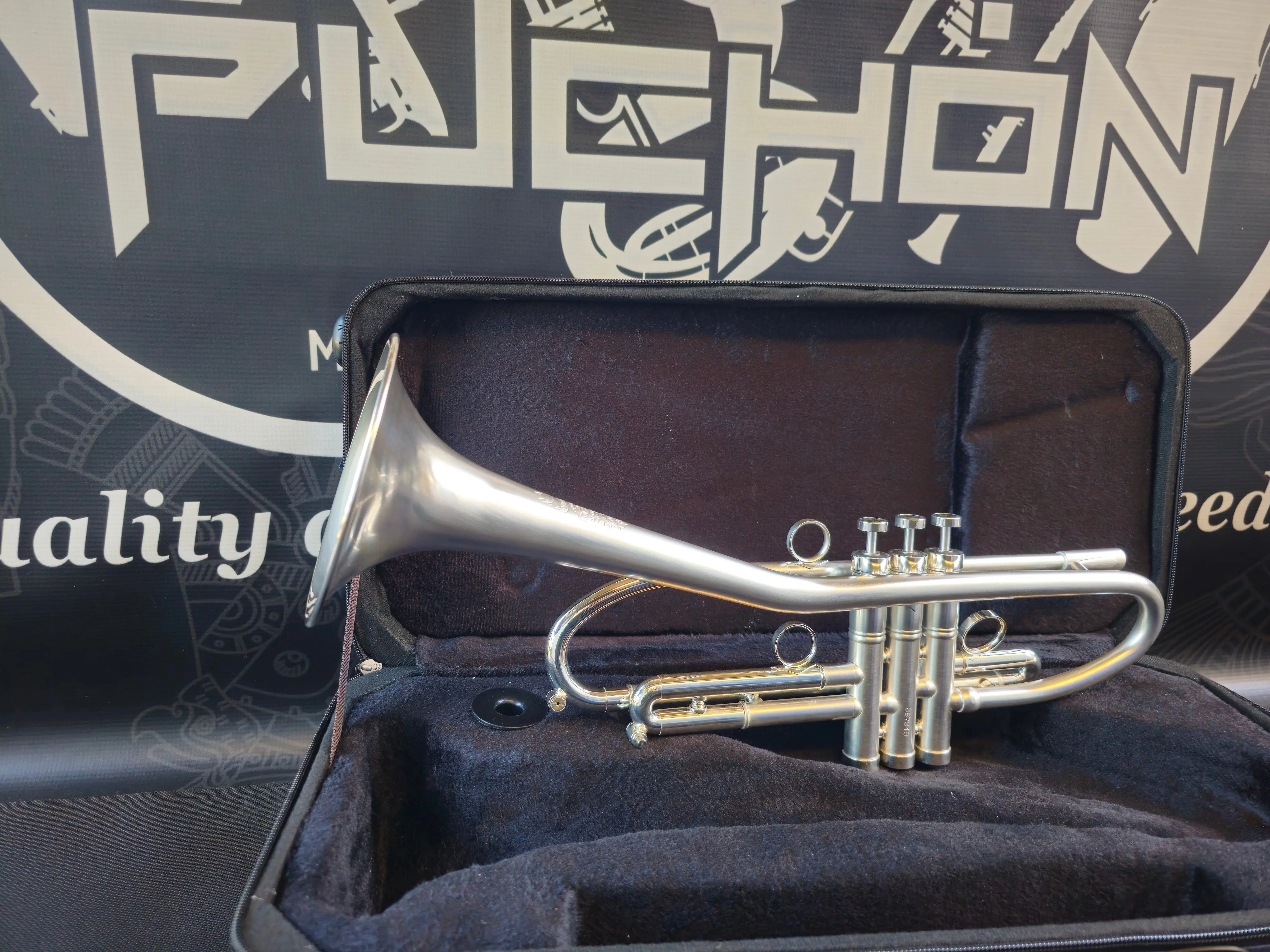 Solario Balam Satin Silver Bb Trumpet - Diagonal Bent 5.25" Big Bell