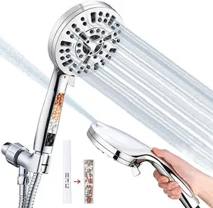 Shower head, 10 functions high-pressure shower head, built-in water quality purification filter core, no clogged nozzles with high-flow handheld, 5-inch shower head, leak-proof, 4.92 feet (approximately 1.5 meters) stainless steel hose and metal bracket