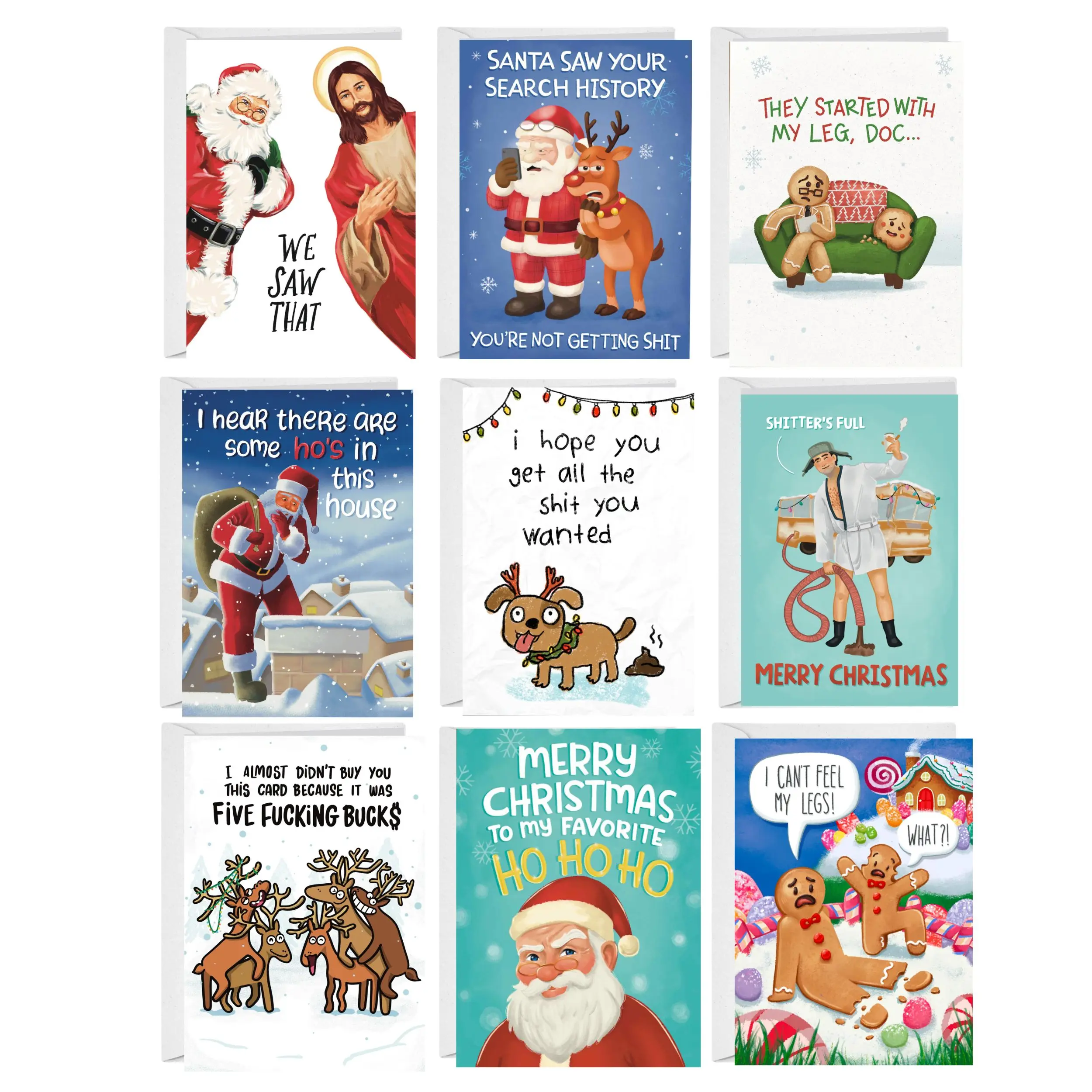 Sleazy Greetings 9-Pack Christmas Cards - Doodle, Bold Humor, Holiday Fun, Pocket Size, Printed Art, Funny Inappropriate Office Stationery Supplies with White Envelopes, Hand-Drawn Unique Designs, Made in USA, Vivid Ink