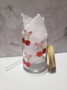 Cherry Coquette 16oz Glass Can with Adorable Cherry and Bow Design Bamboo Lid & Glass Straw Included