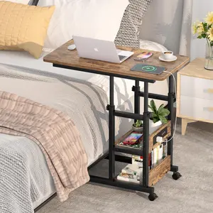 Height Adjustable C Shaped End Table with Charging Station, Mobile Laptop Side Table with USB Port and Wheels, Sofa Couch Table with 2-Tier Storage Shelve for Living Room Bedroom