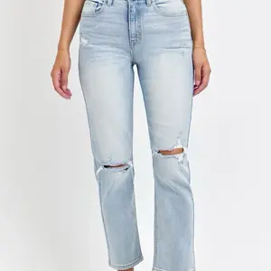Cello Jeans Light Wash High Rise Straight Leg with Distressed Details for a Trendy Look