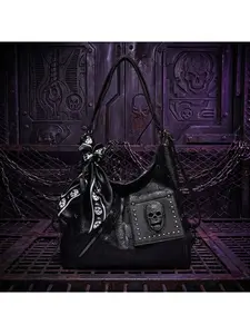 Autumn and Winter New European and American Fashion Large Bag, Single Shoulder and Double Shoulder, Punk Studded Skull Crescent Bag, Fashionable Daily Crossbody