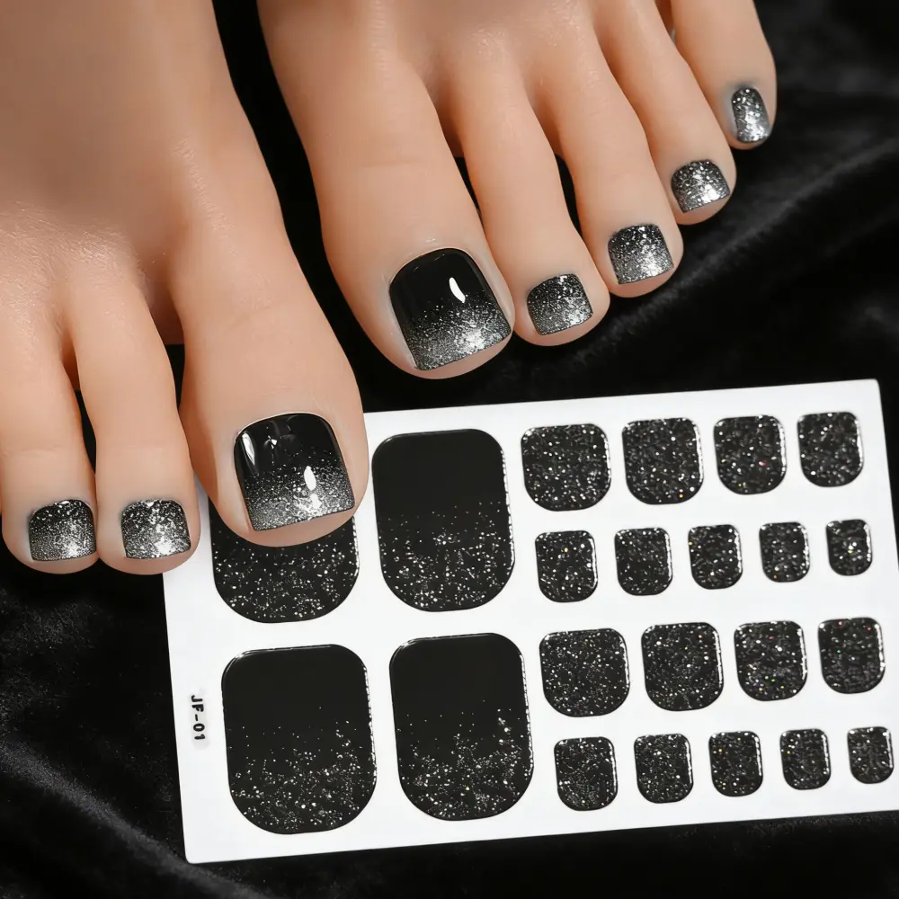 22Pcs/Sheet Glitter Black Toe Nail Stickers Gradient Silver Glitter Toenail Wraps Adhesive Waterproof Full Cover Nail Art Strips